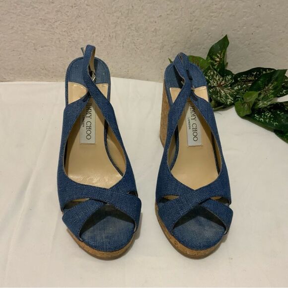Jimmy Choo Amely 105 Slingback Sandals Denim Cork Wedges size 39.5 - Picture 3 of 13